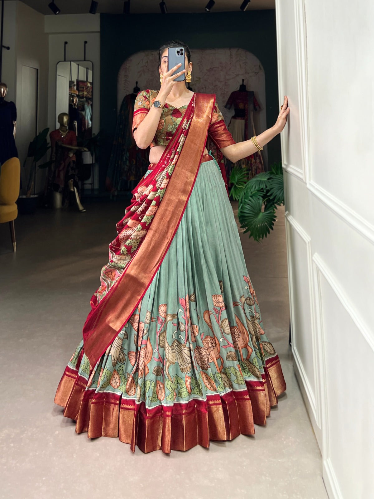 Sea green color dola silk lehenga choli design