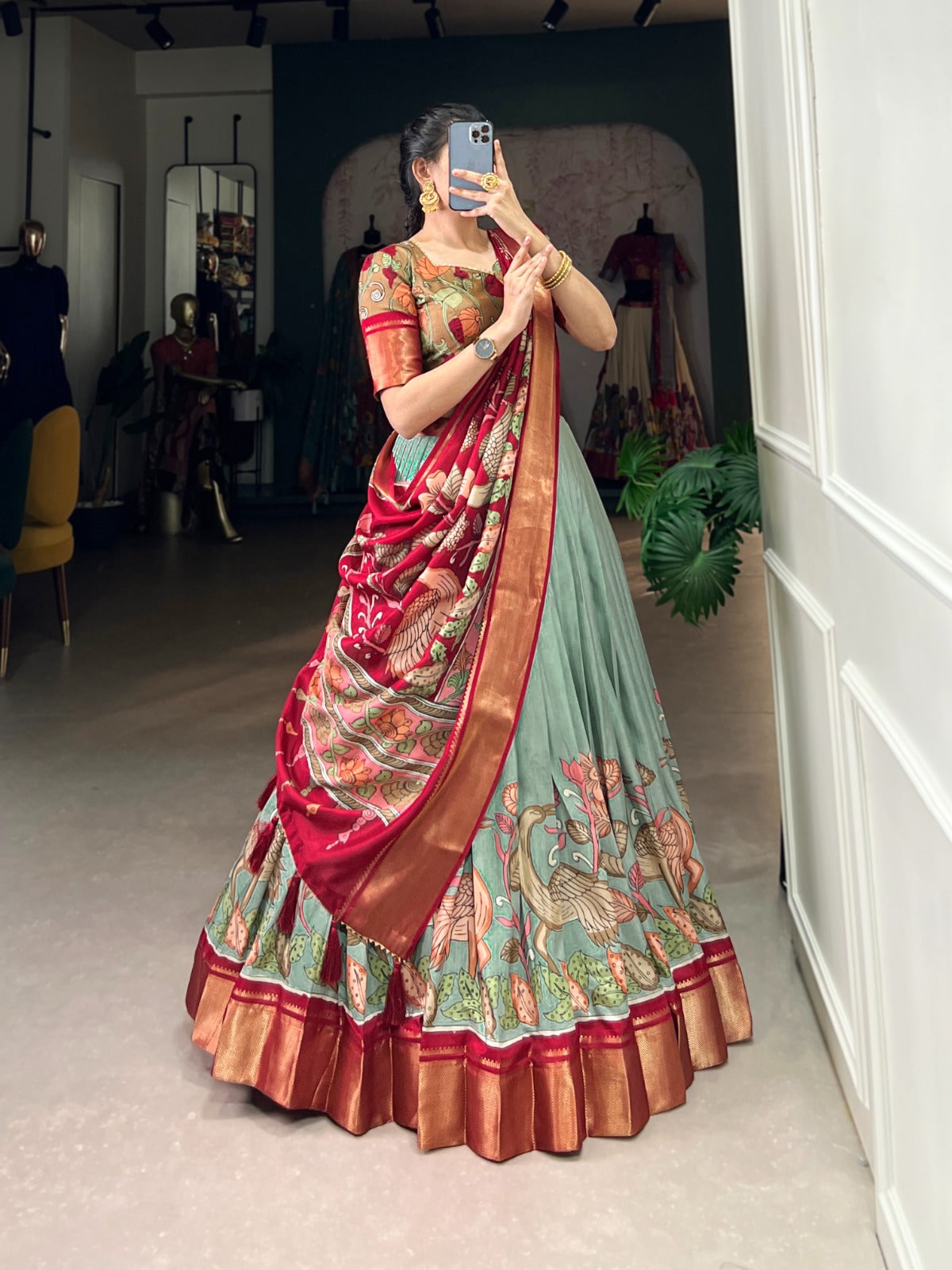 Sea green color dola silk lehenga choli with dupatta