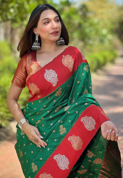Green color premium soft silk saree for women price
