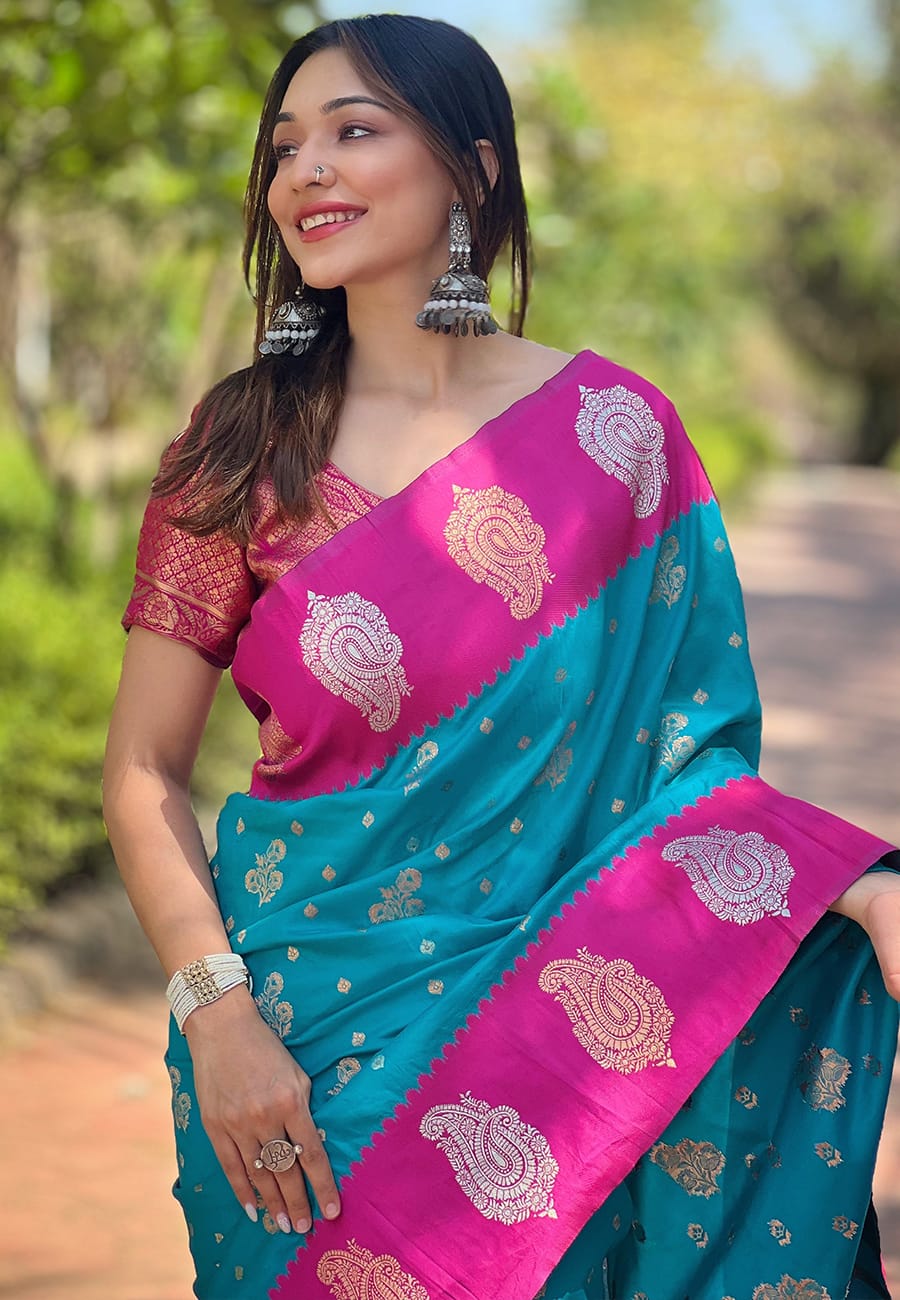 Teal blue color tissue saree for wedding