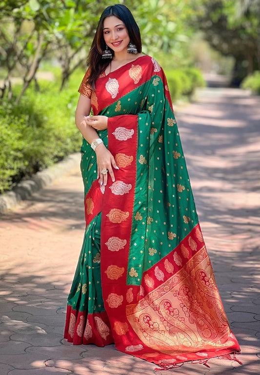 Dark green color premium soft silk saree for women
