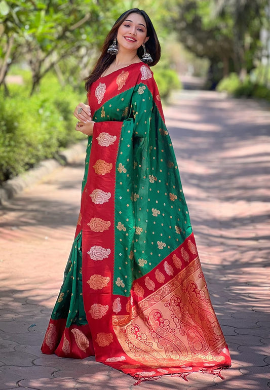Green color premium soft silk saree for women online
