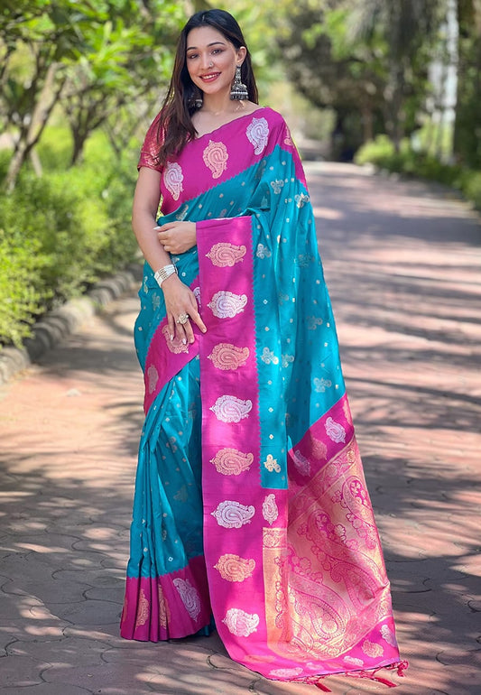 Teal blue color tissue saree for women online
