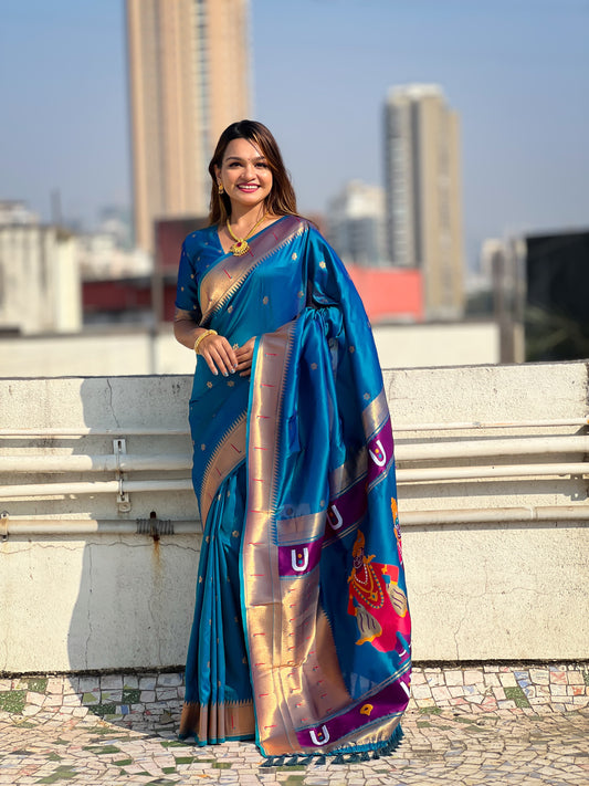 Teal blue color soft silk saree for women price
