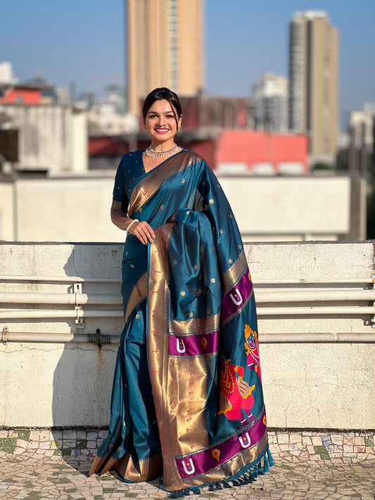 Peacock blue color soft silk saree for women price
