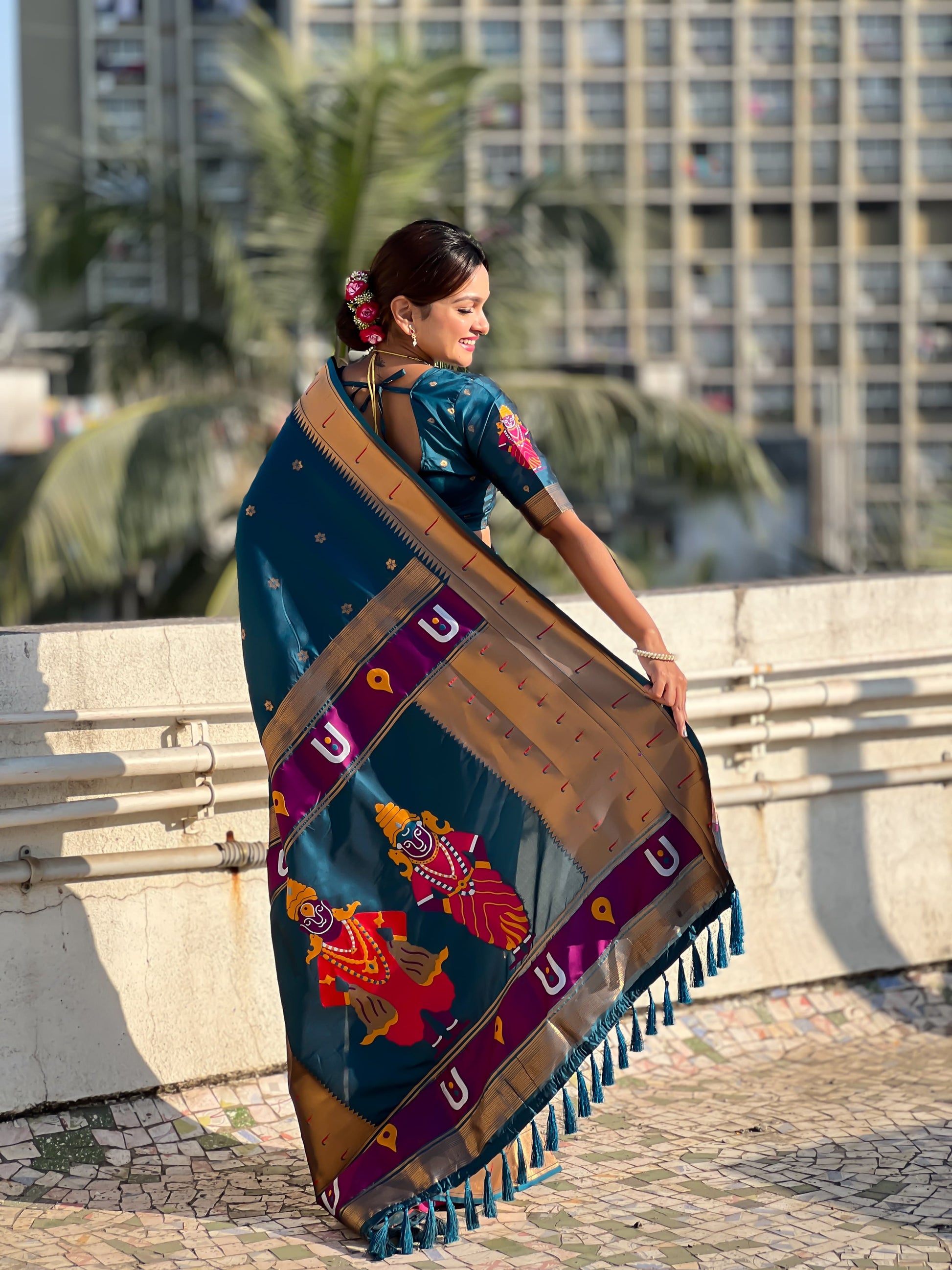Peacock Blue color soft silk Saree design

