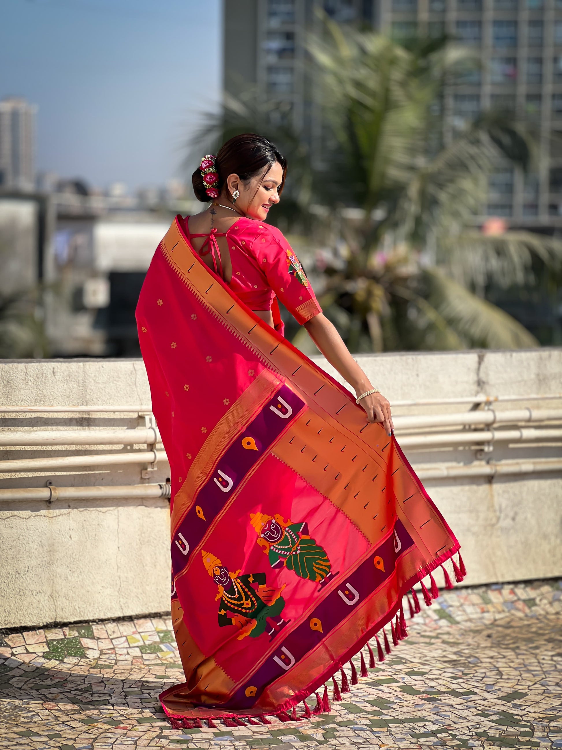 Pink color soft silk zari weaving saree online
