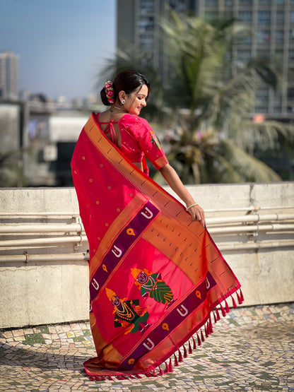 Pink color soft silk zari weaving saree online
