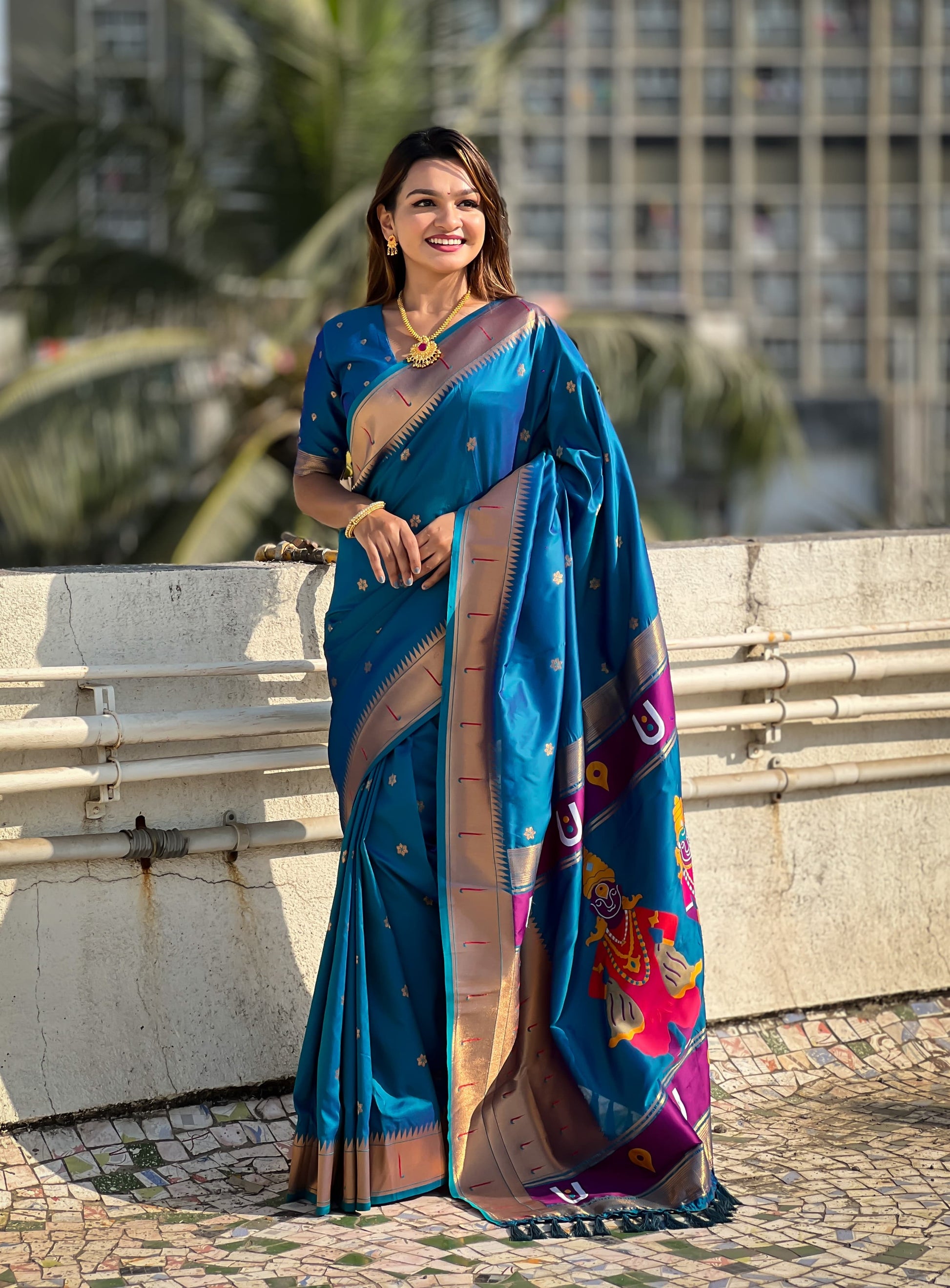 Teal blue color soft silk saree for wedding
