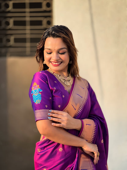 Purple color soft silk zari weaving saree images