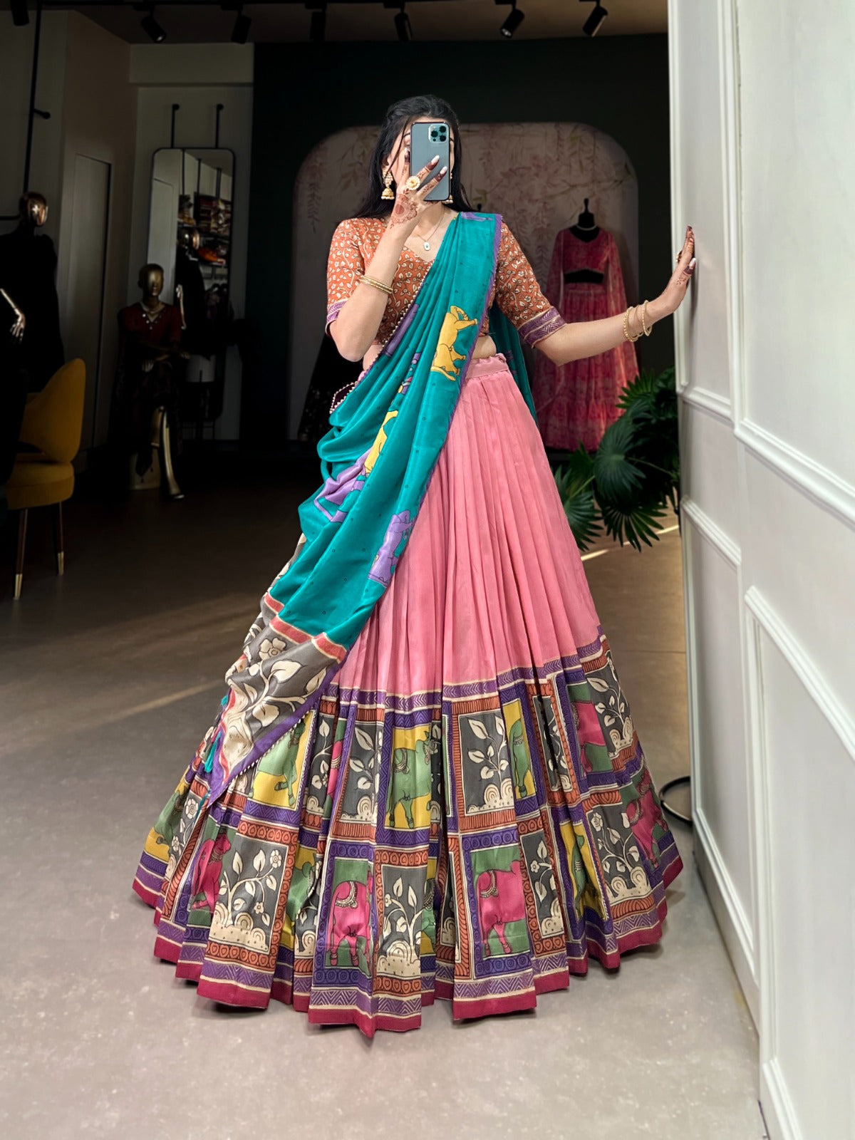Peach color tussar silk lehenga choli online shopping