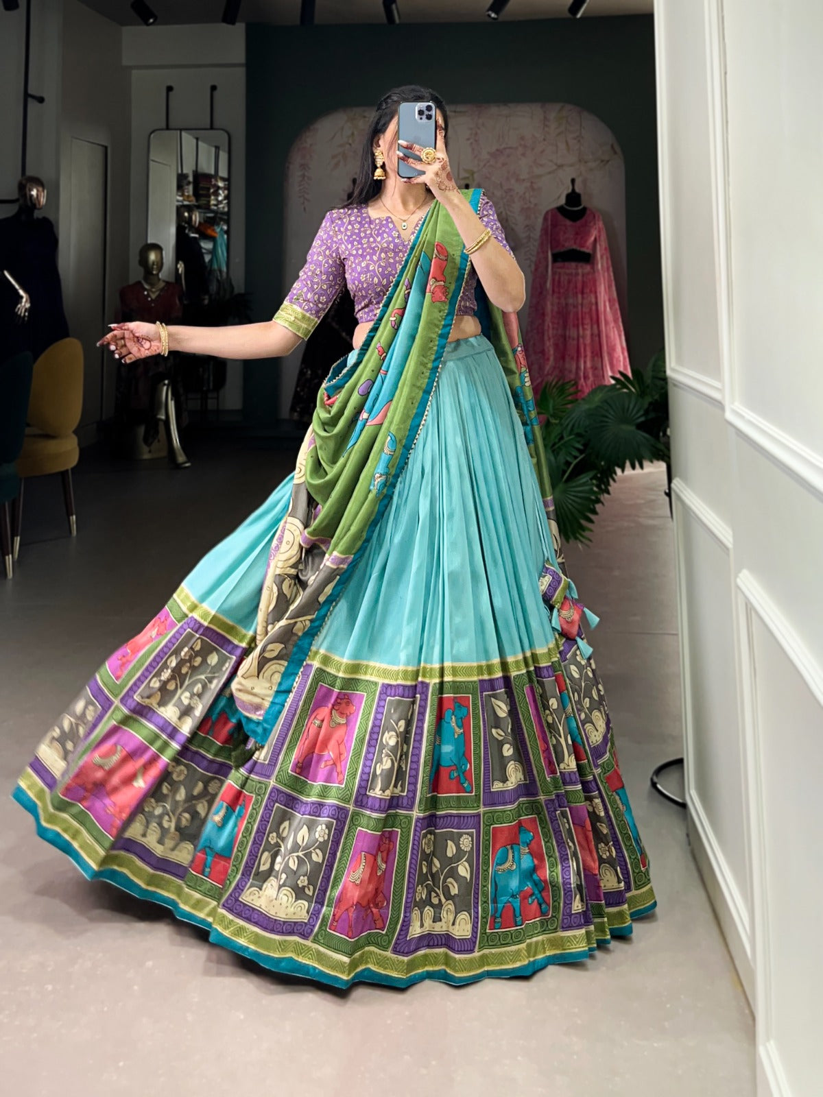 Sea Green color tussar silk printed lehenga choli with dupatta