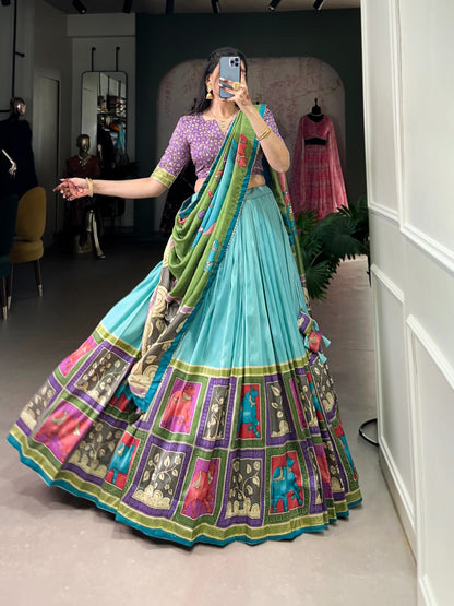 Sea Green color tussar silk printed lehenga choli with dupatta
