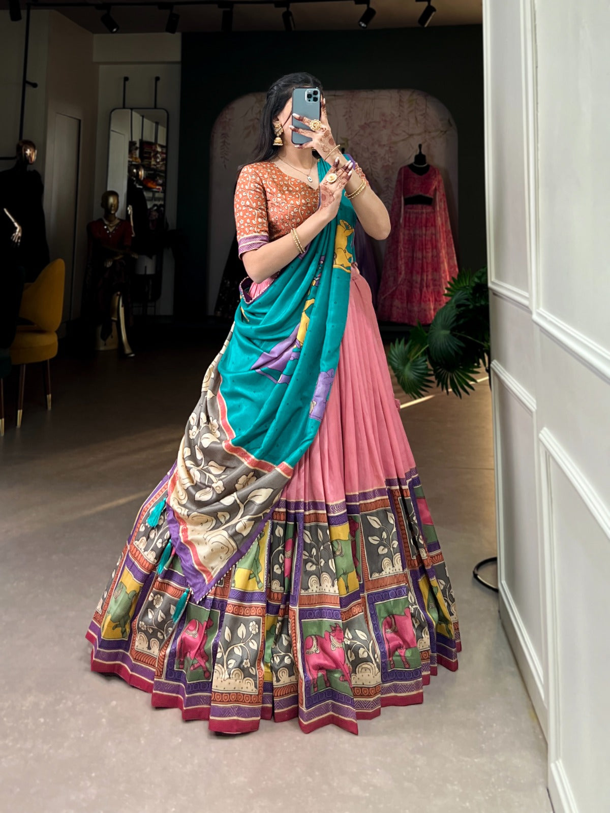 Peach color tussar silk lehenga choli online
