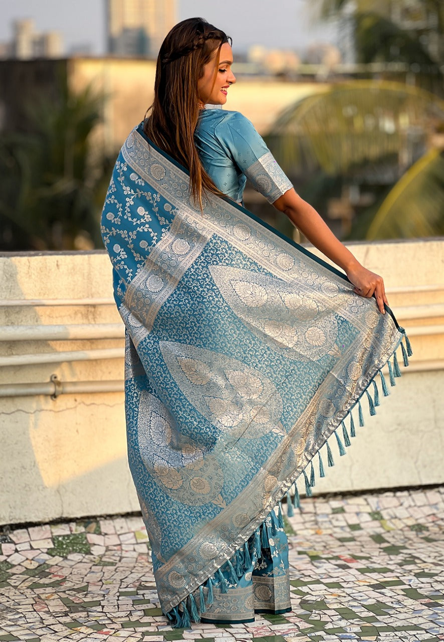 Teal Blue banarasi antique silk saree online shopping