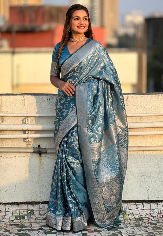 Teal Blue banarasi antique silk saree for women
