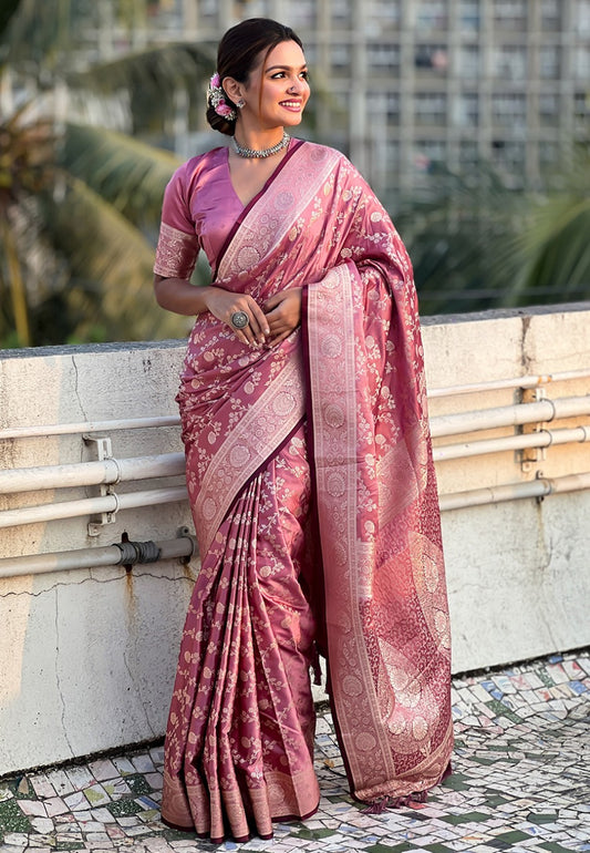 Pink color banarasi antique silk Saree for wedding
