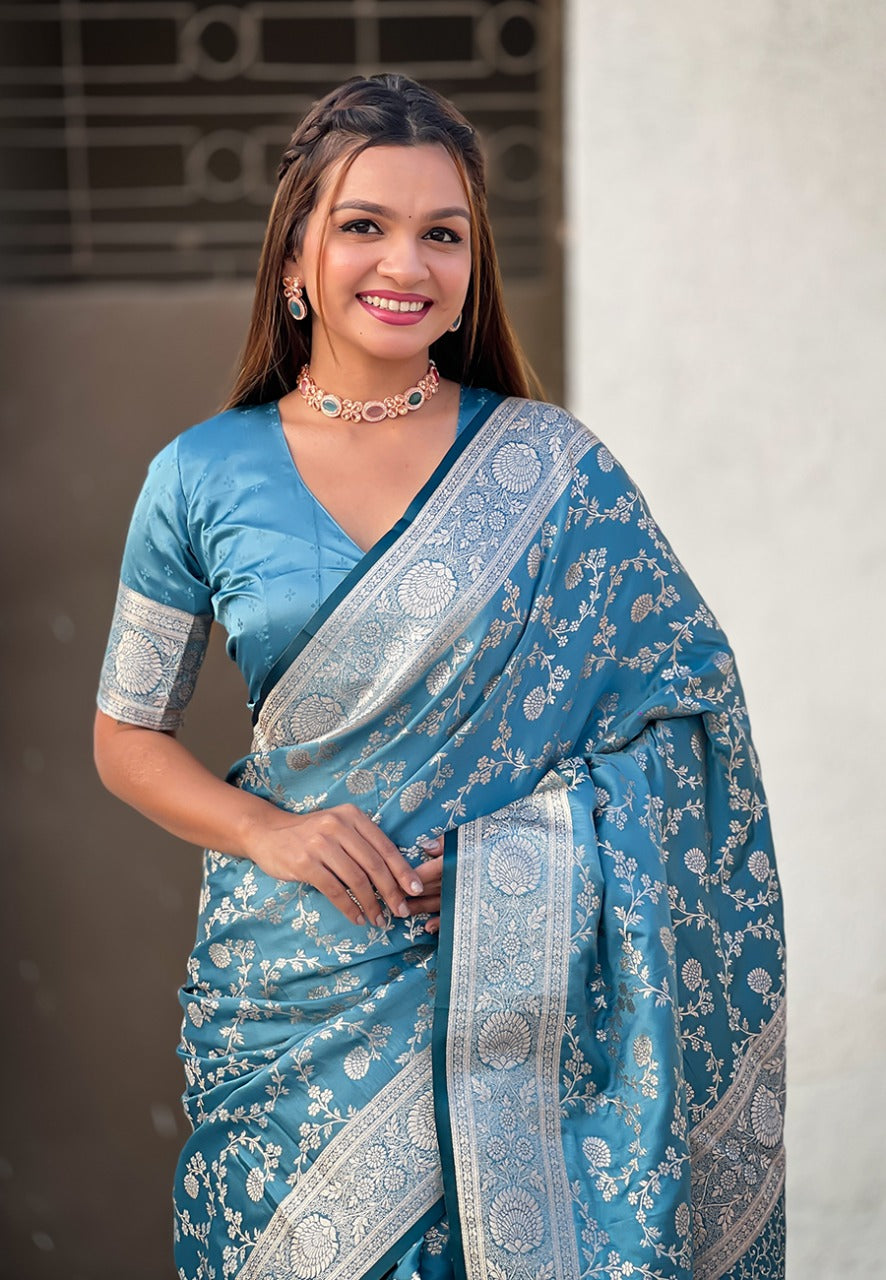 Teal Blue banarasi antique silk saree price