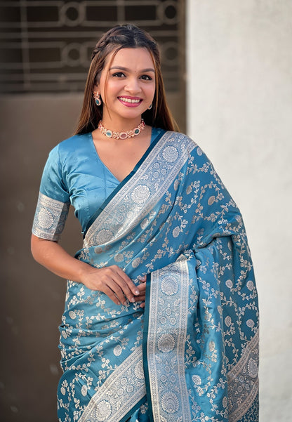 Teal Blue banarasi antique silk saree price