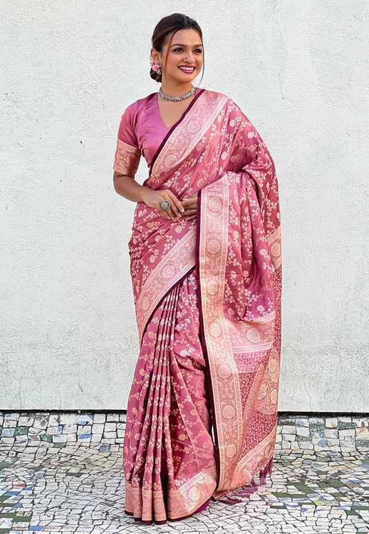 Pink banarasi antique silk Saree online shopping
