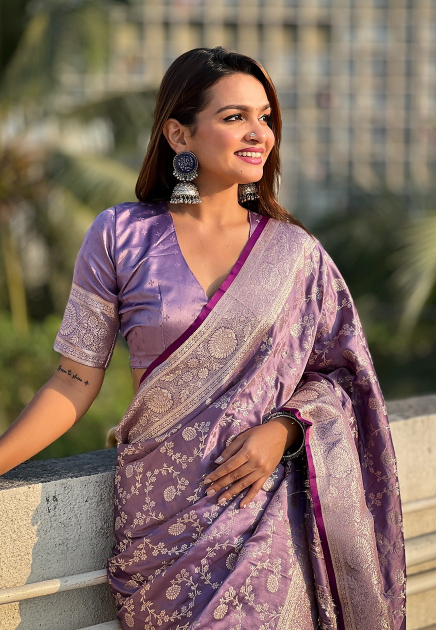 Lavender color banarasi antique silk saree online shopping