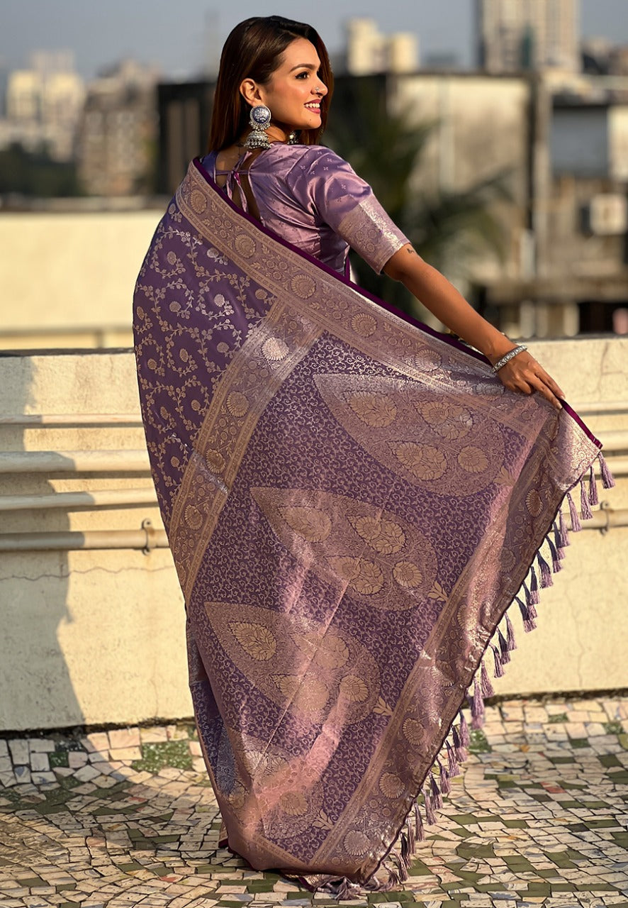 Lavender color banarasi antique silk saree with blouse
