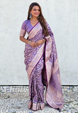 Lavender color banarasi antique silk saree for wedding