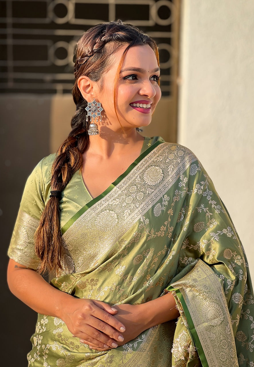 Pista color banarasi antique silk saree price