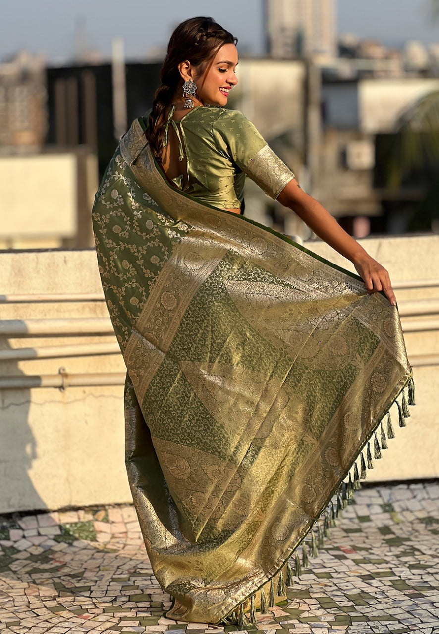 Pista color banarasi antique silk saree online shopping