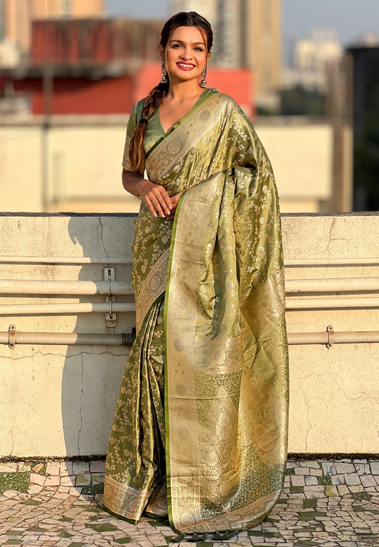 Pista color banarasi antique silk saree