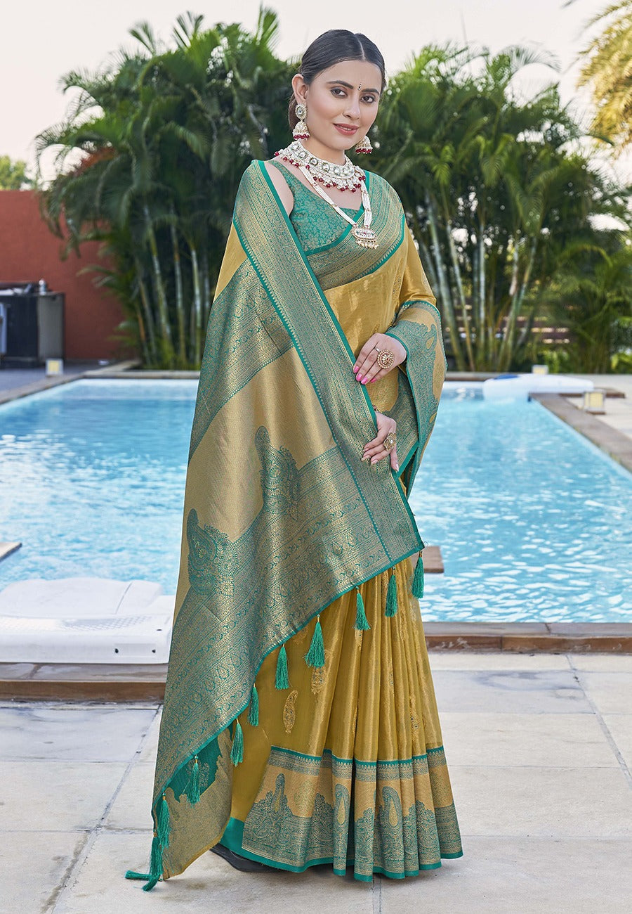 Mustard color pure tissue Saree for wedding