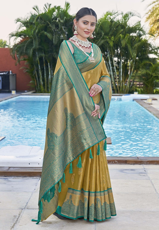 Mustard color pure tissue Saree for wedding