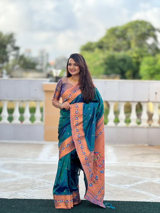 Peacock blue color paithani silk saree for women online shopping
