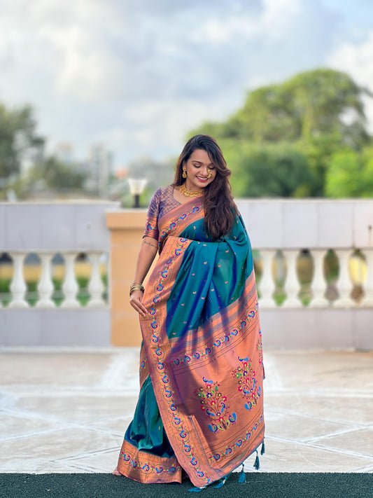 Peacock blue color paithani silk saree for women online
