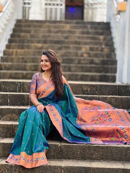 Peacock blue color paithani silk saree for women images
