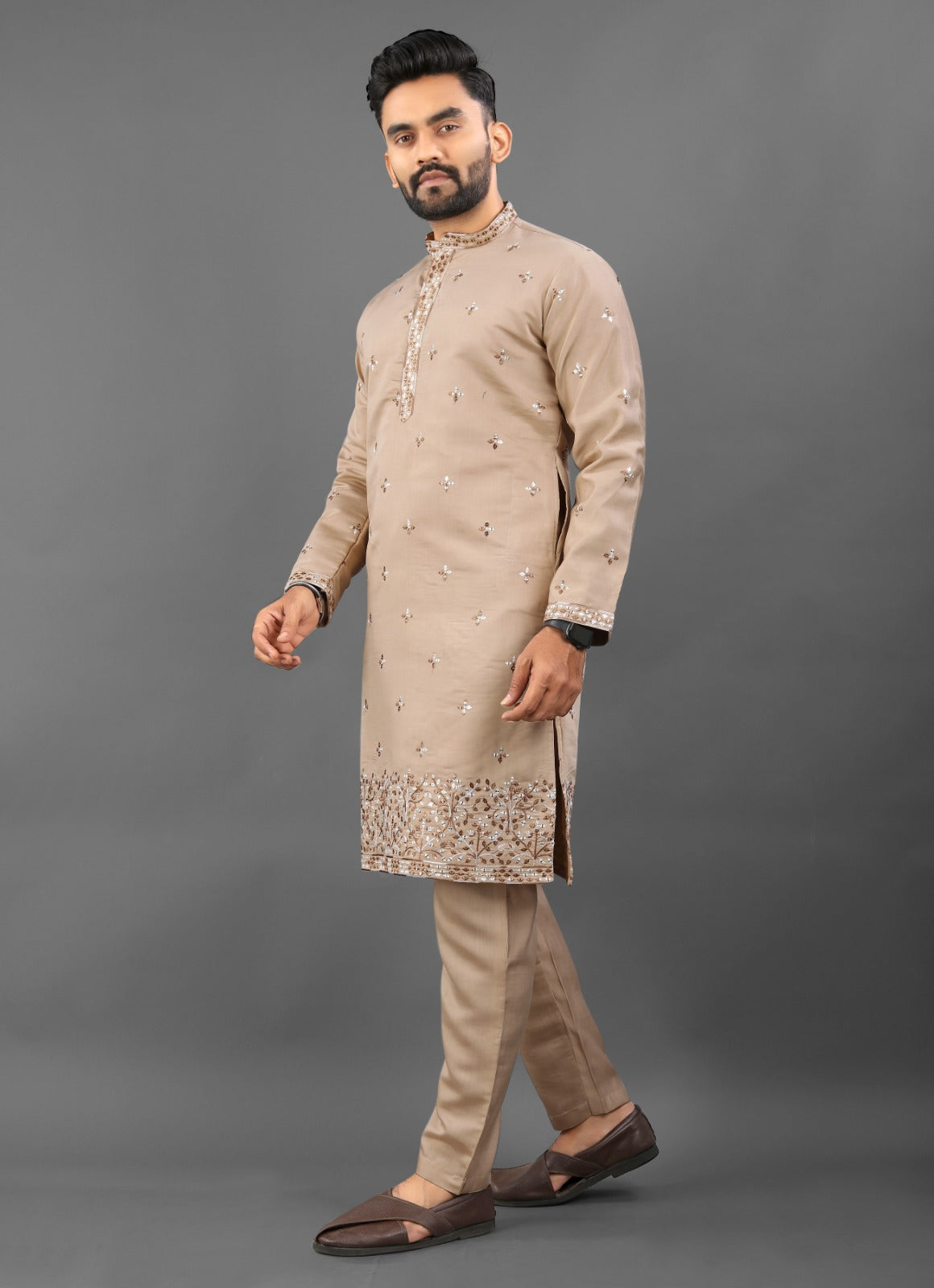 Beige color russian silk indo western with pajama images