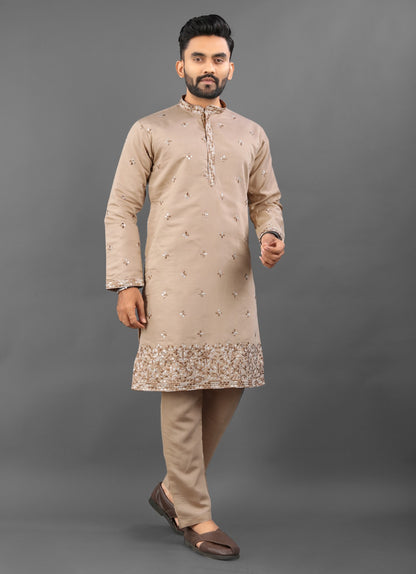 Beige color russian silk indo western with pajama design