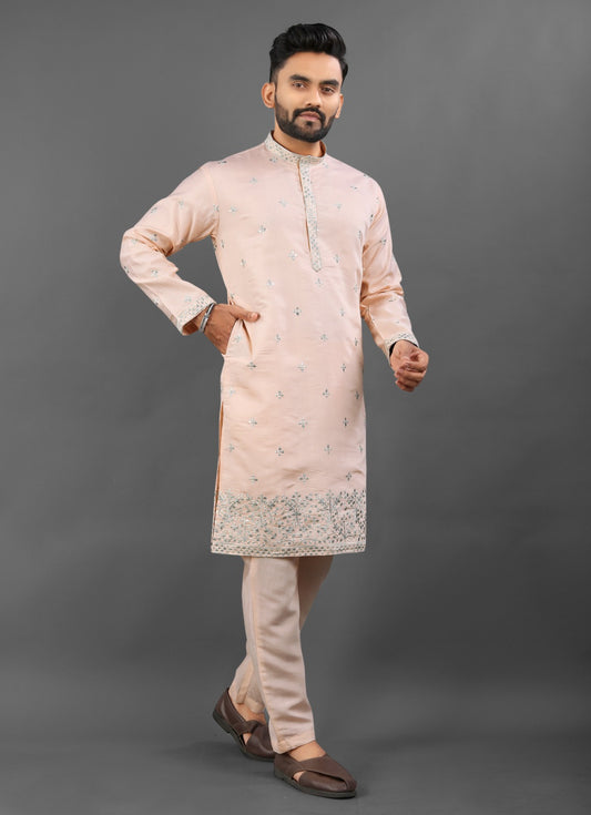 Peach color russian silk men's kurta for wedding