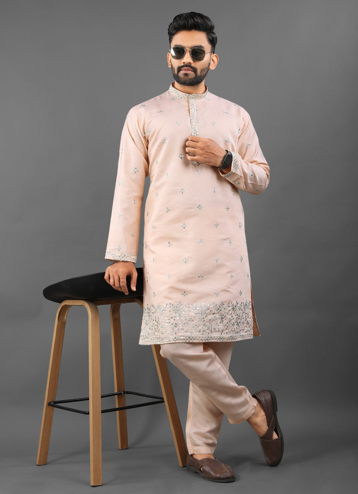 Peach color russian silk men's kurta online shopping