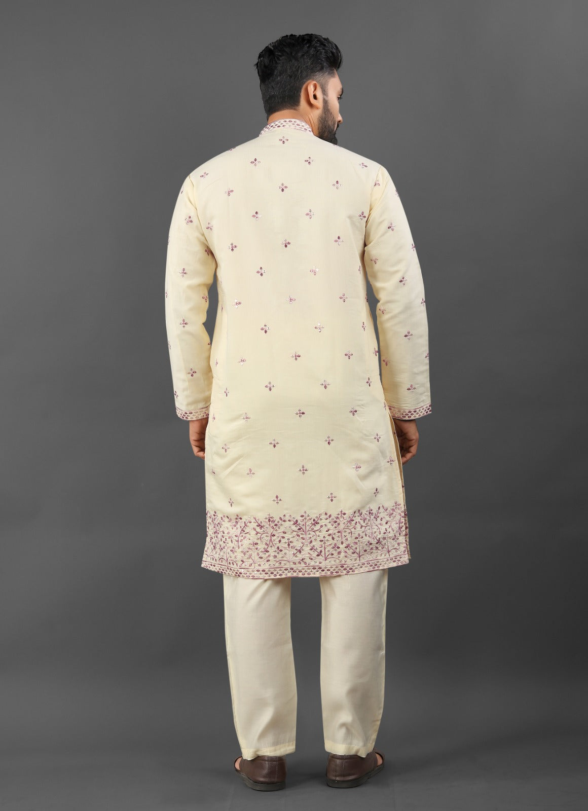 Beige color russian silk stitched kurta men's images