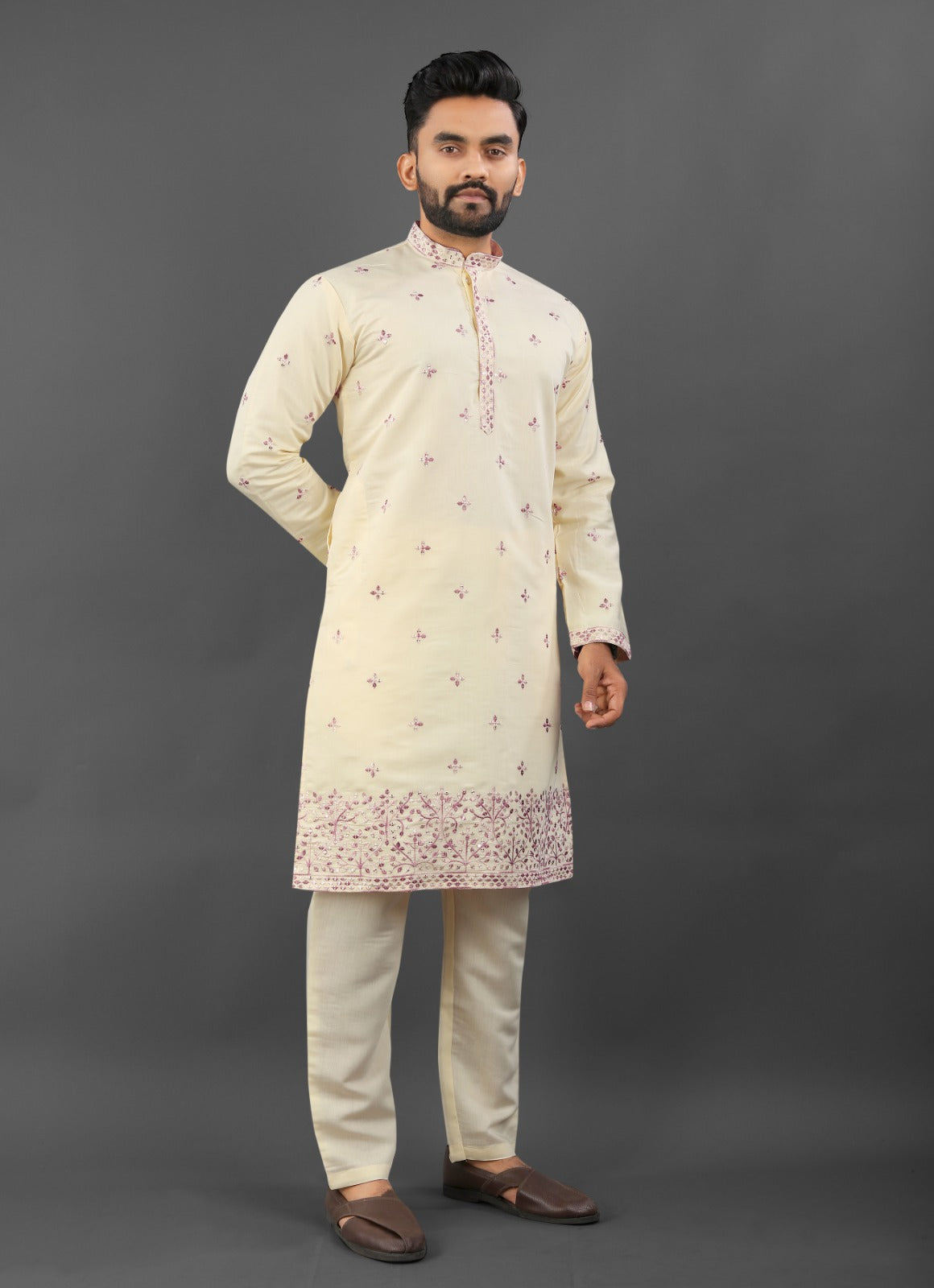 Beige color russian silk kurta men's online shopping