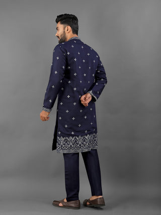 Navy blue color russian silk kurta with pajama set