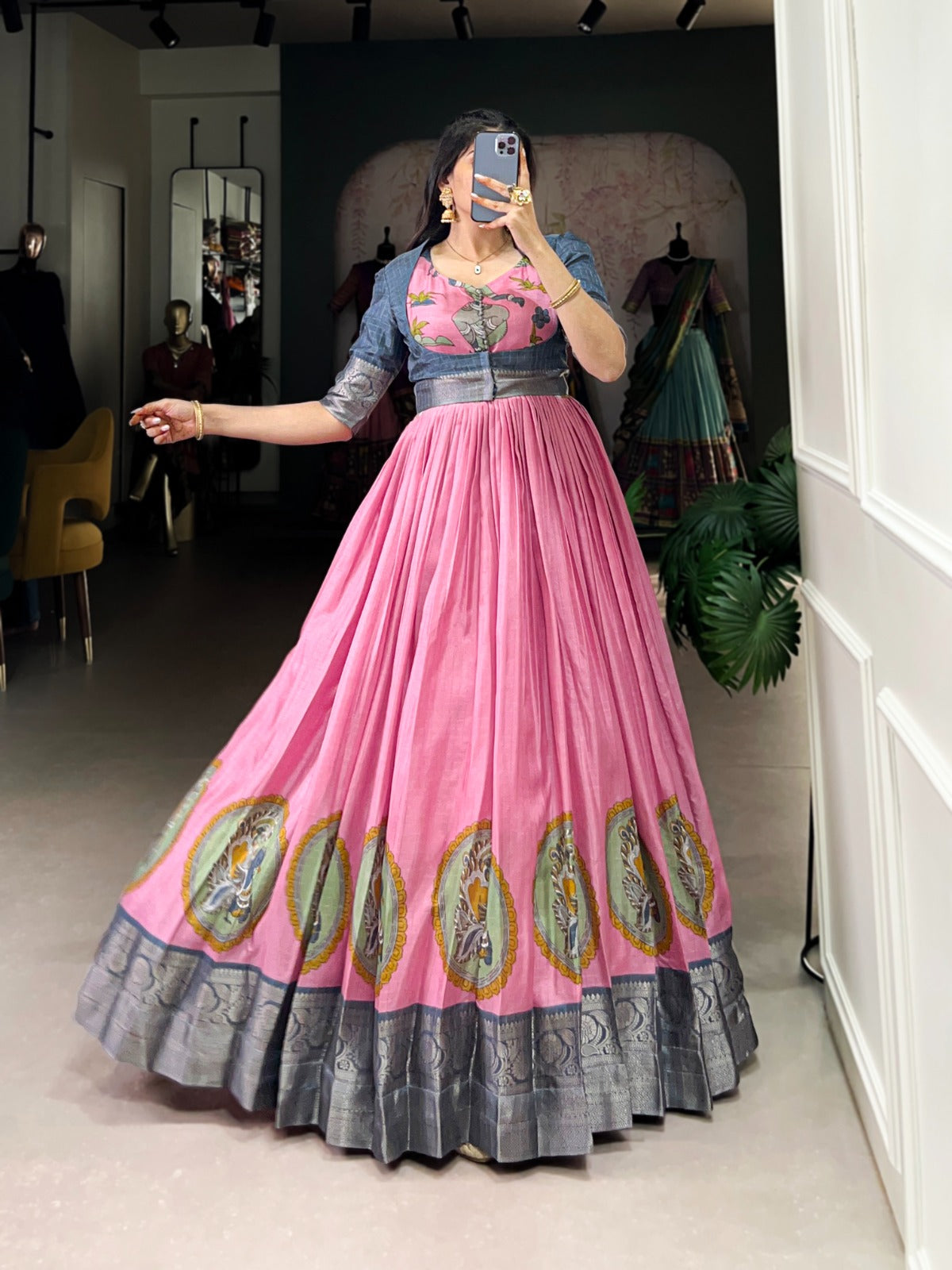 Pink dola silk long gown for women images
