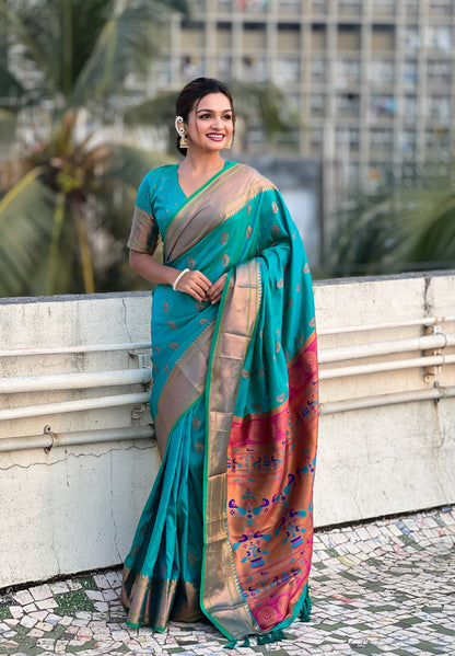 Rama color silk saree for women online

