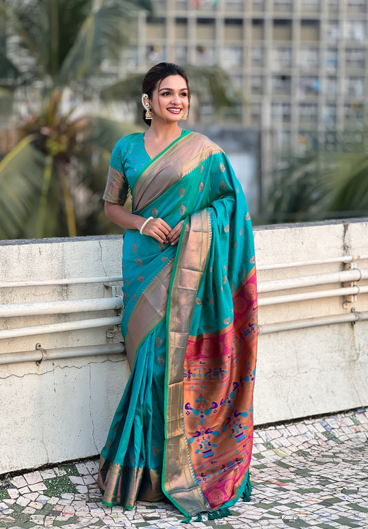 Rama color silk saree for women online
