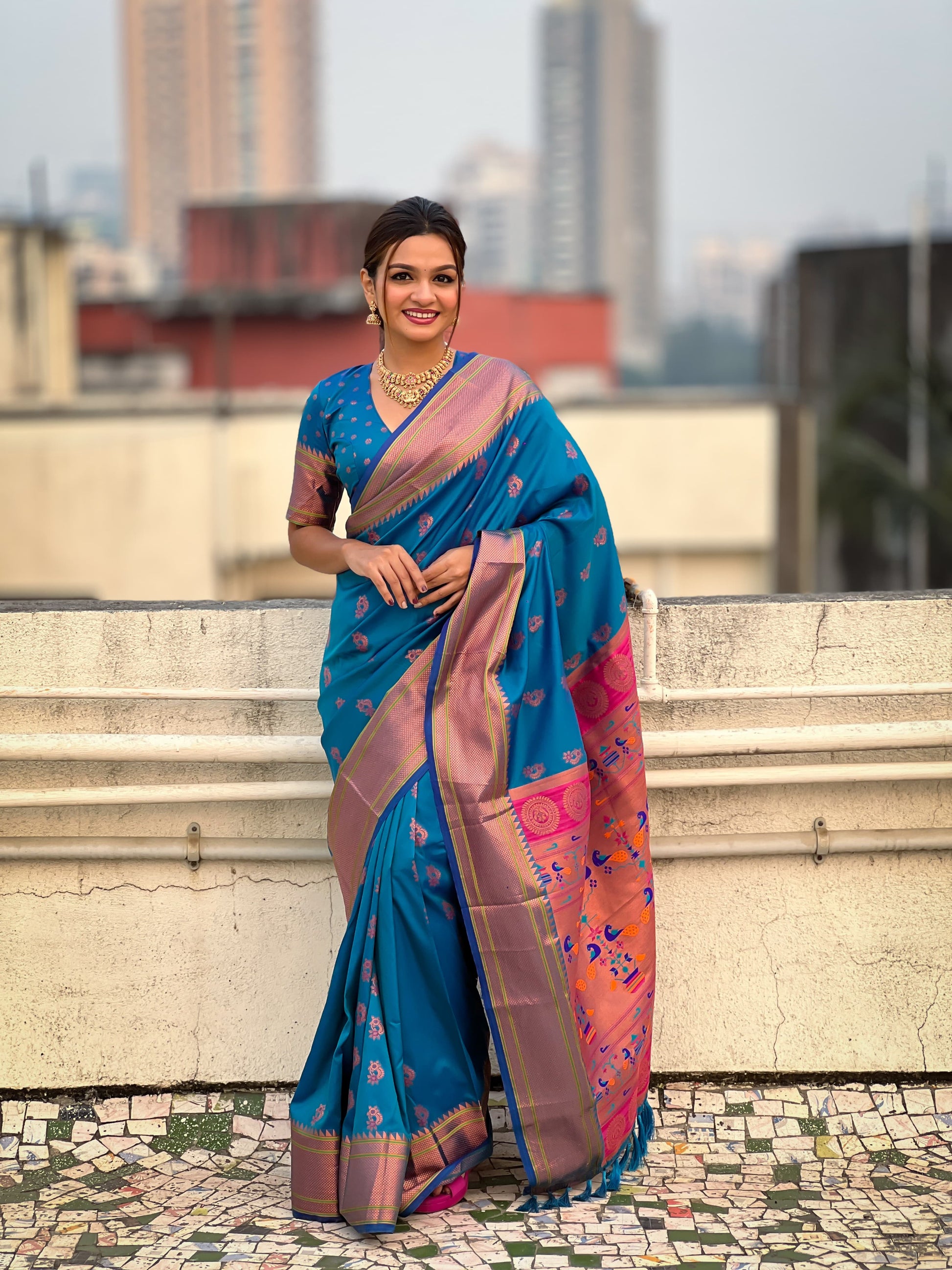 Teal blue color silk saree for women with price
