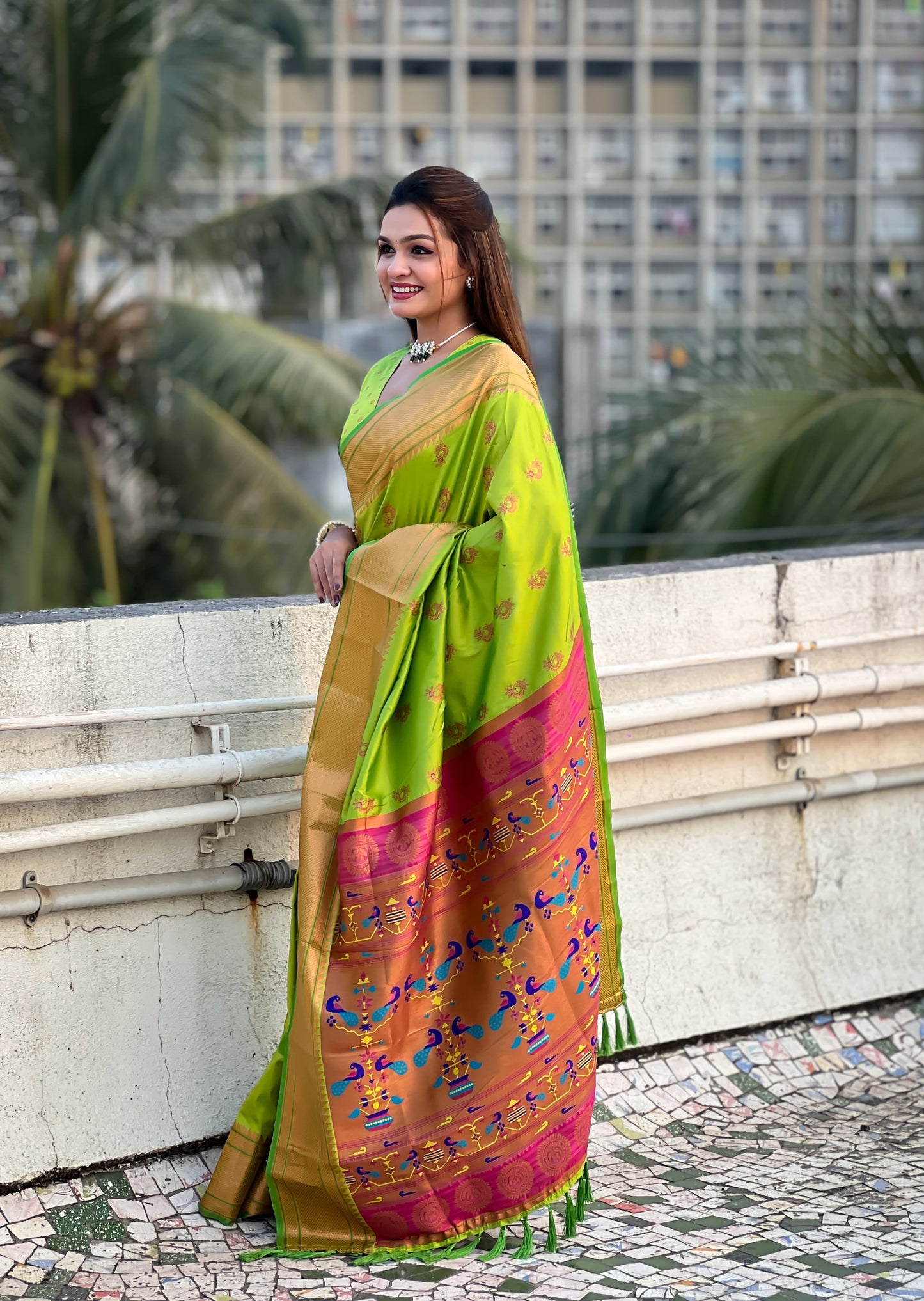 Parrot green Saree with golden border
