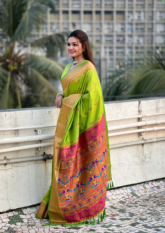 Parrot green Saree with golden border
