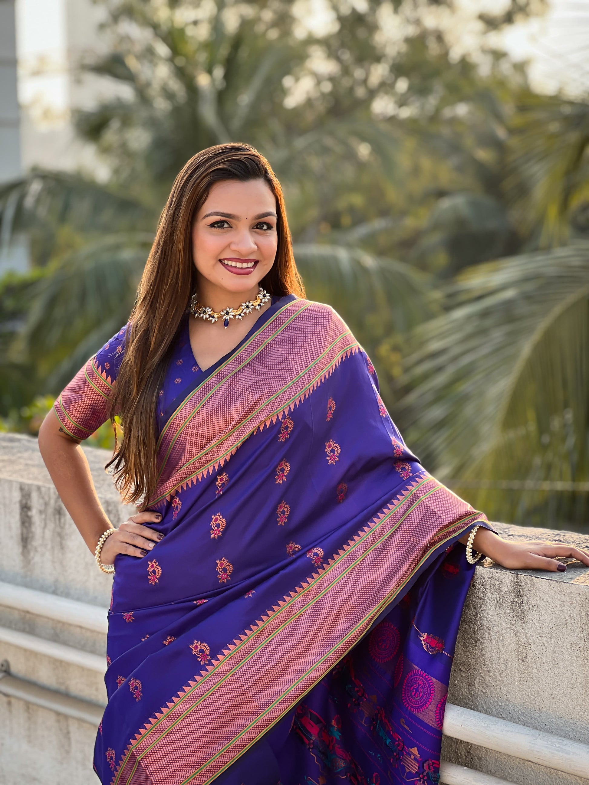 Dark blue color silk saree with blouse
