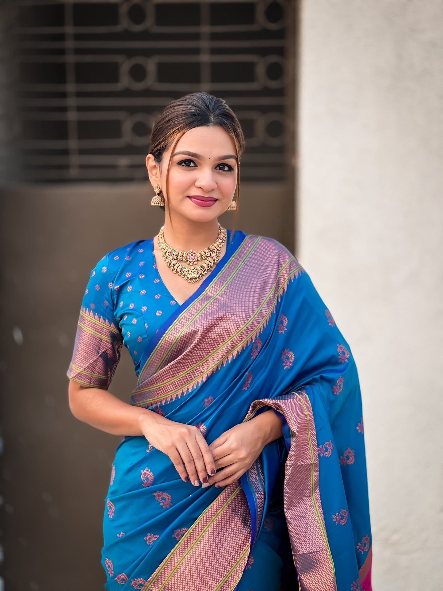 Teal blue color silk saree images
